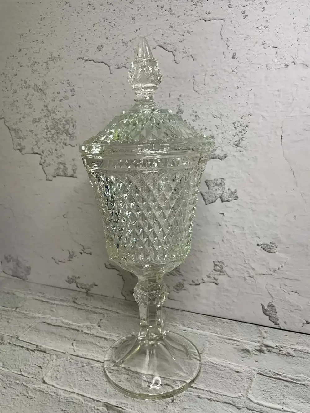 Vintage Indiana Glass Tiara Diamond Point Footed Pedestal Lidded Apothecary Jar